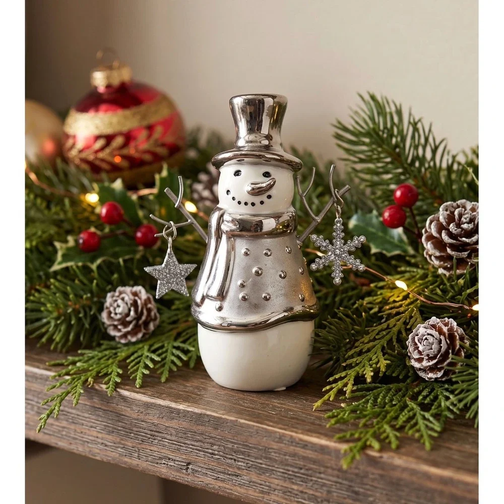 Pier 1 Snowman Figurine Silver White Glitter Star Snowflake Christmas Decor Noel